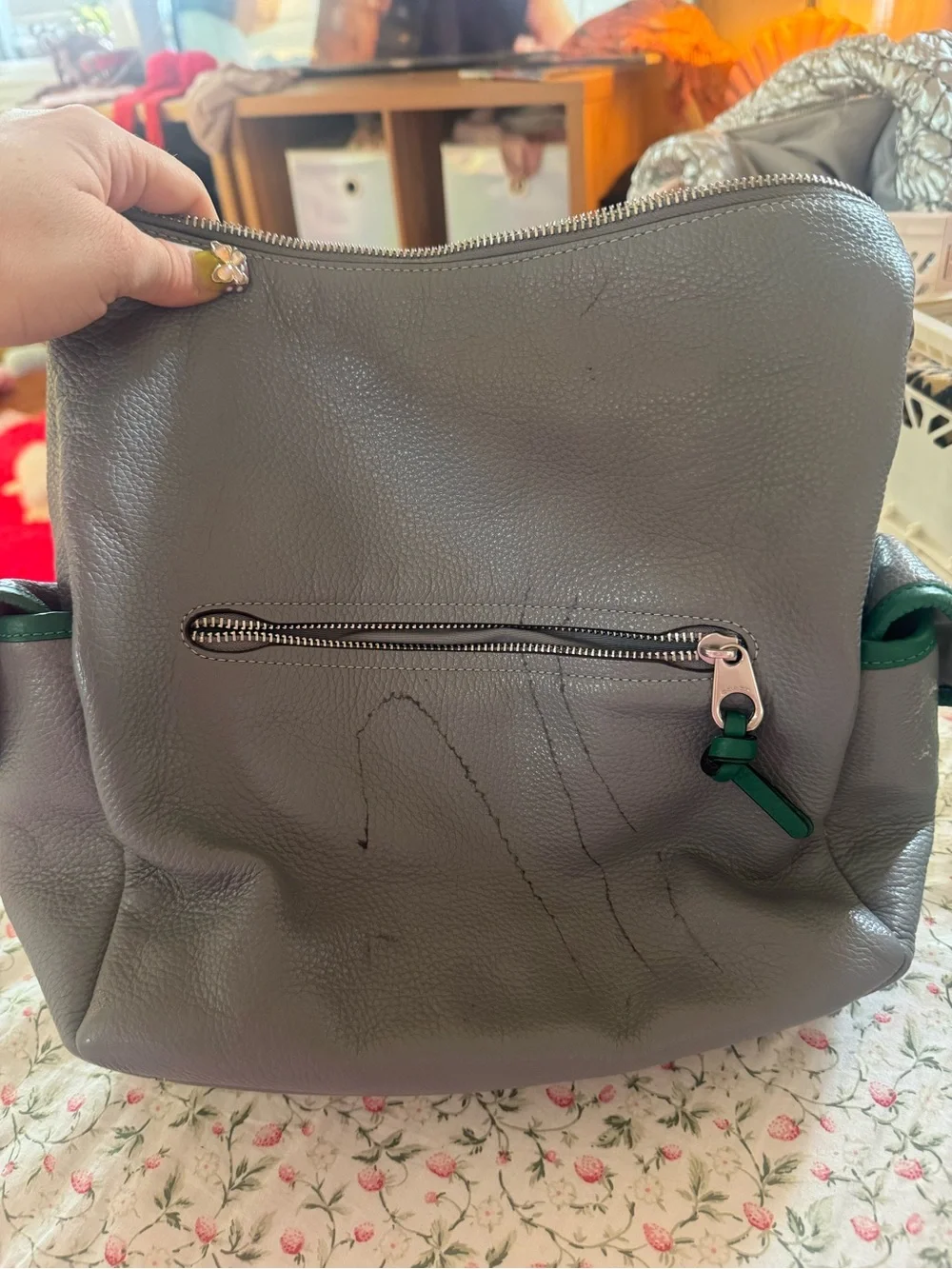Coach Pebbled Leather Pennie Shoulder Bag in Gray with Green Straps